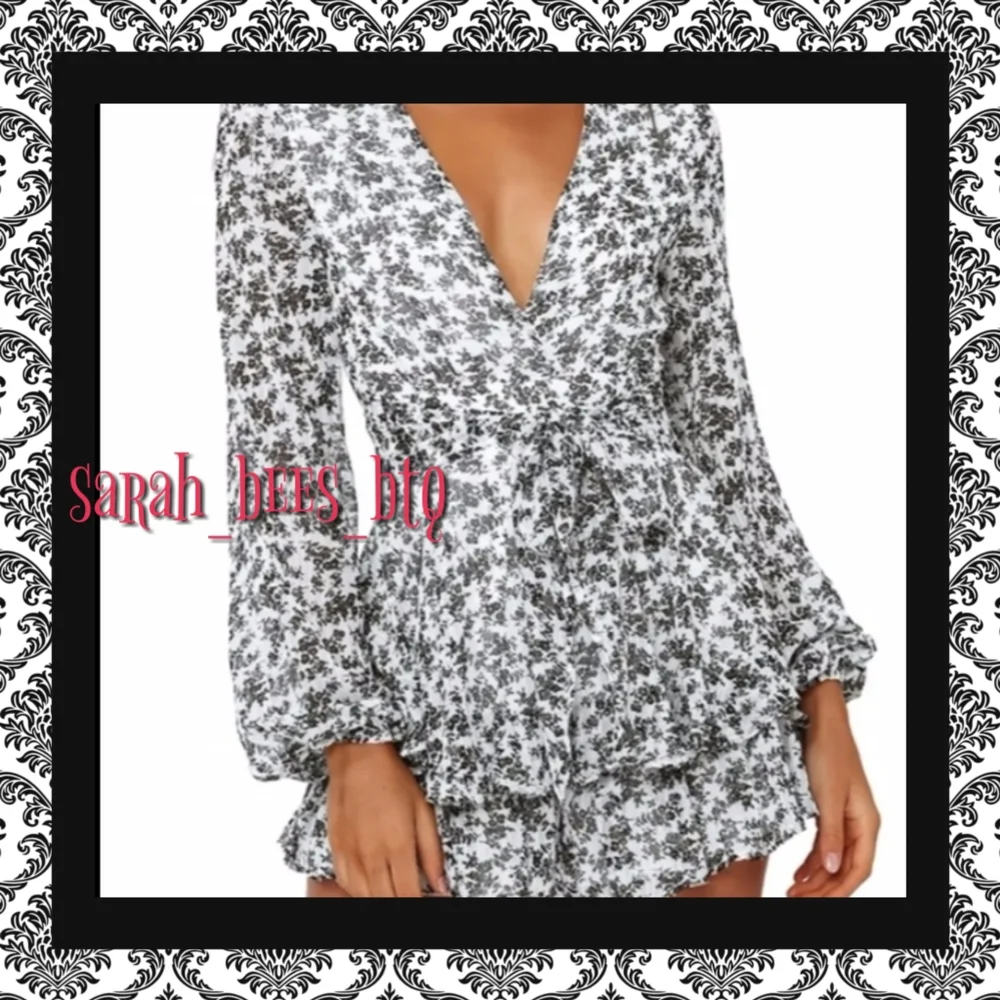 Black & White Floral Wrap Romper with Ruffle Skirt - Picture 5 of 9